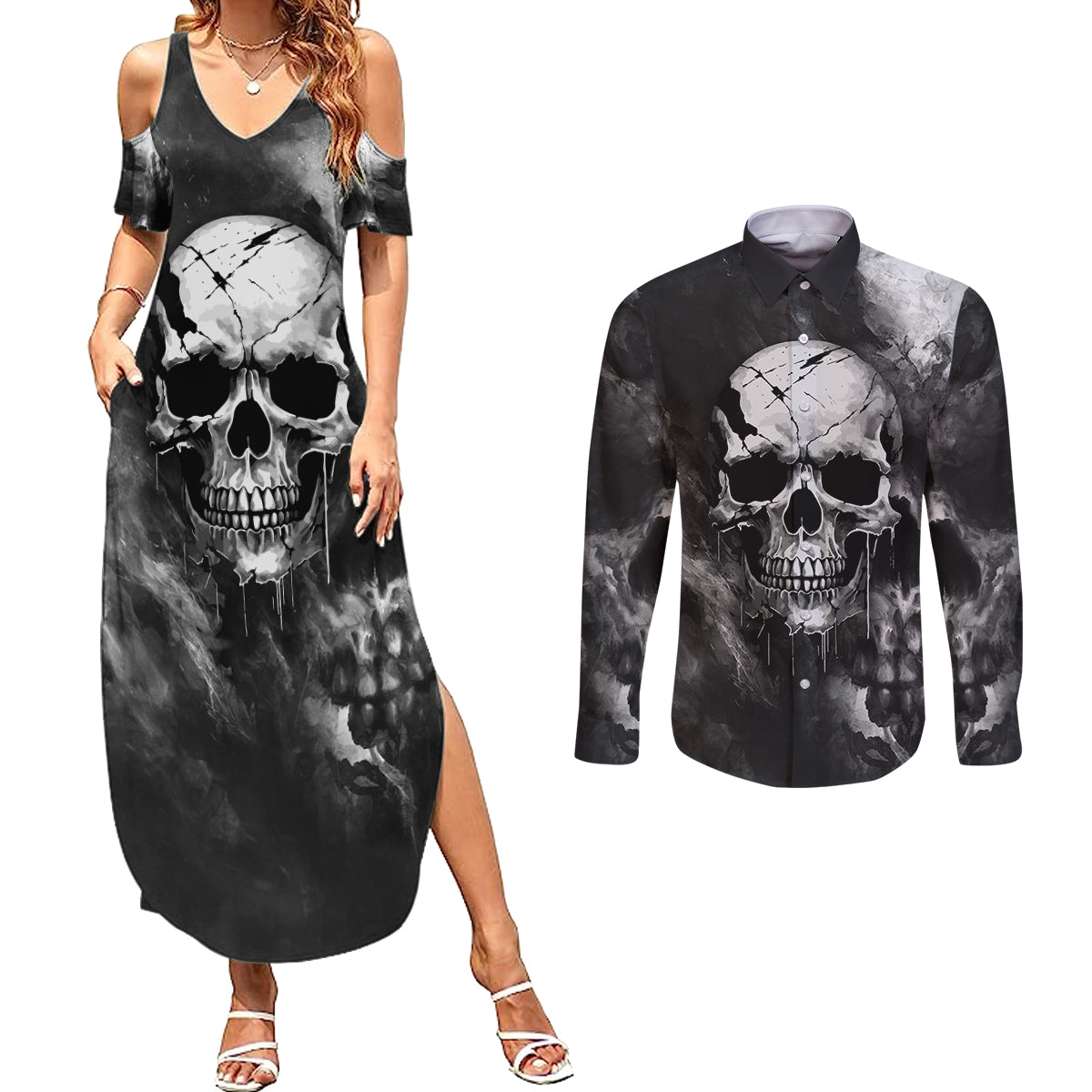 Skull Grunge Pattern Couples Matching Summer Maxi Dress and Long Sleeve Button Shirts Warning I'm an Asshole - Wonder Print Shop