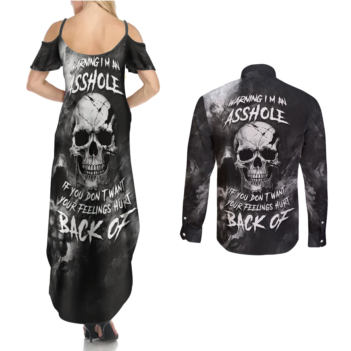 Skull Grunge Pattern Couples Matching Summer Maxi Dress and Long Sleeve Button Shirts Warning I'm an Asshole - Wonder Print Shop