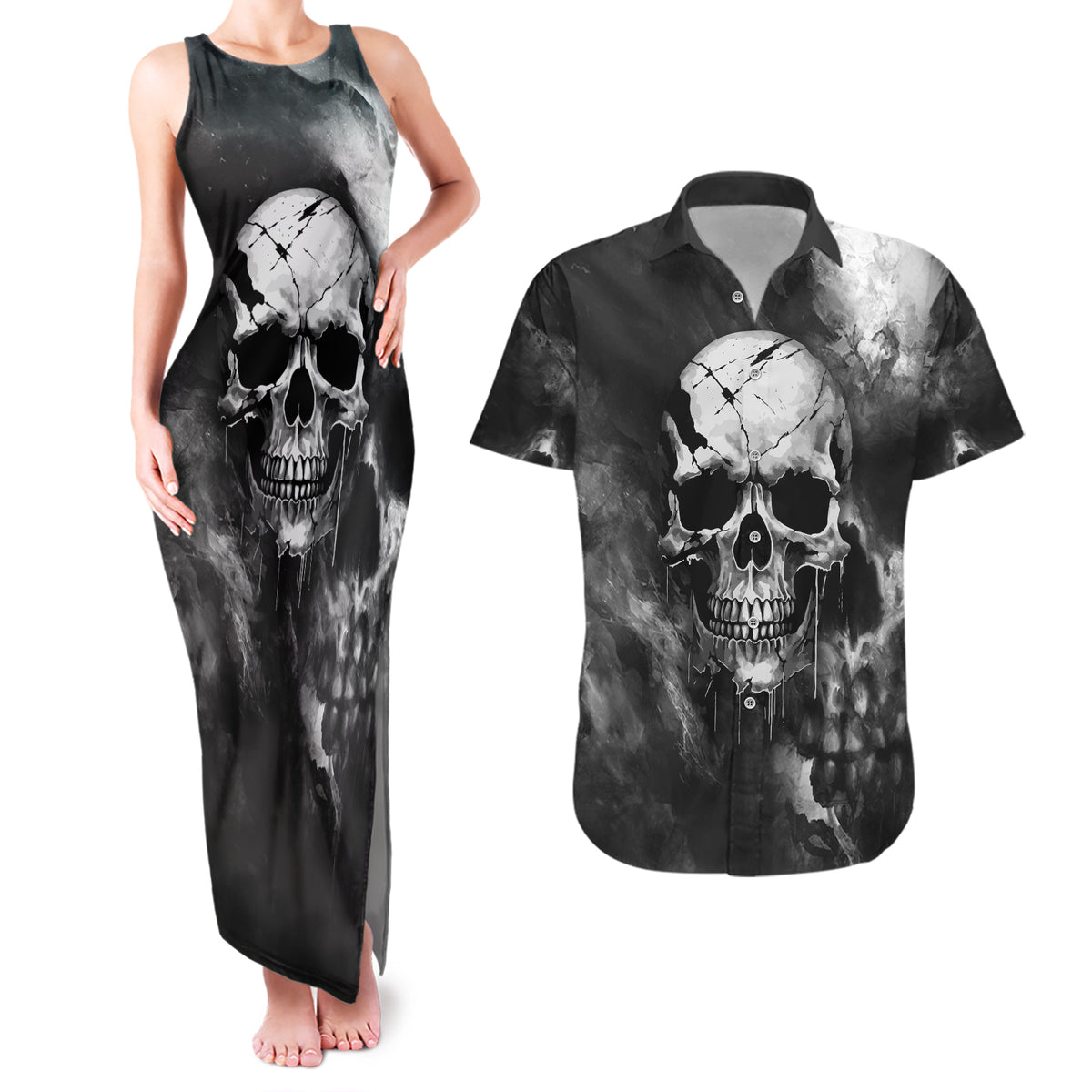 Skull Grunge Pattern Couples Matching Tank Maxi Dress and Hawaiian Shirt Warning I'm an Asshole - Wonder Print Shop