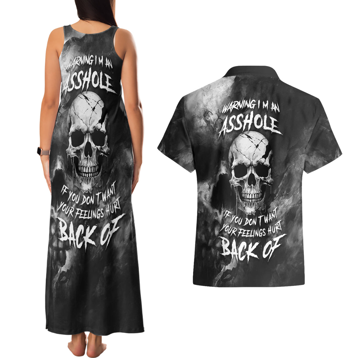 Skull Grunge Pattern Couples Matching Tank Maxi Dress and Hawaiian Shirt Warning I'm an Asshole - Wonder Print Shop