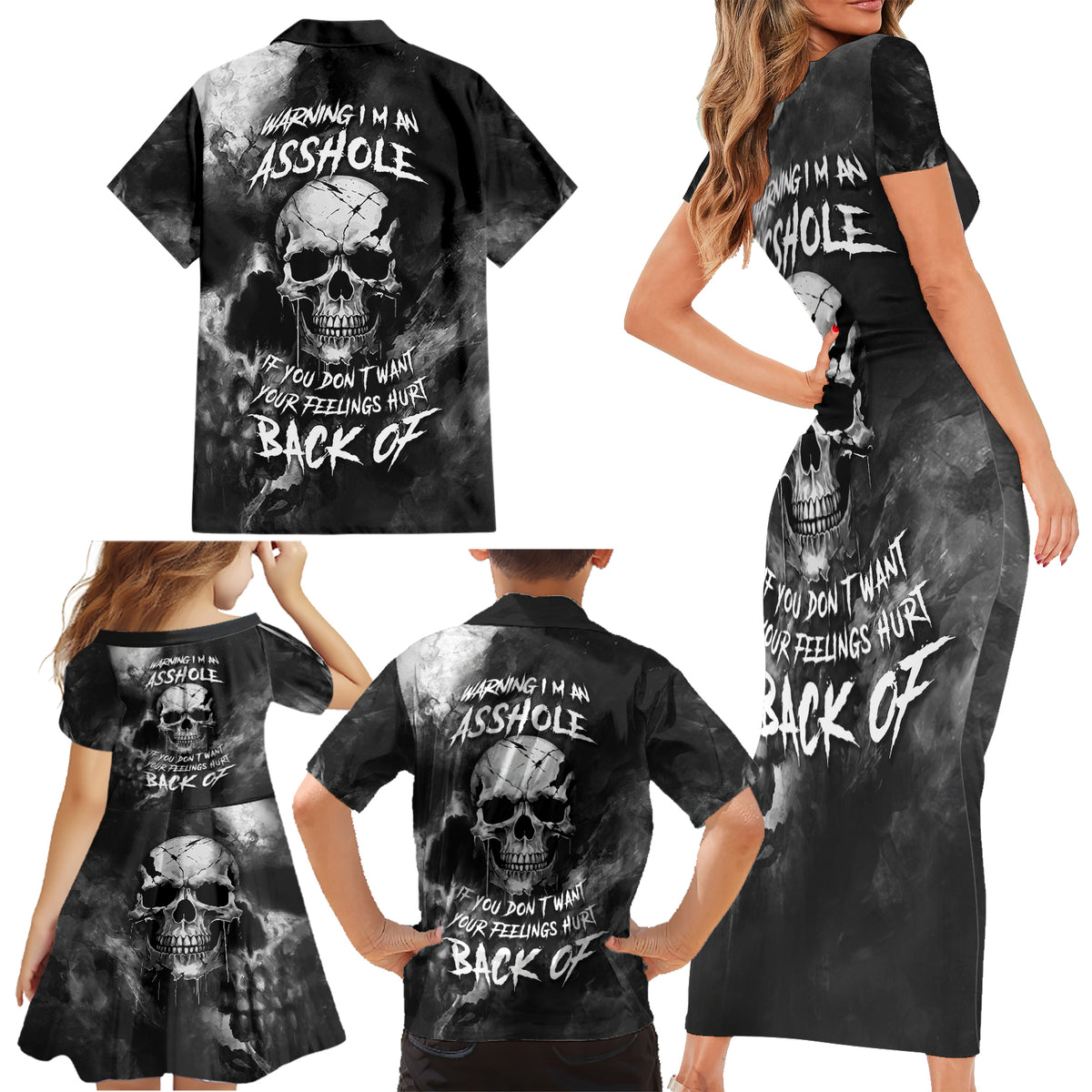 Skull Grunge Pattern Family Matching Short Sleeve Bodycon Dress and Hawaiian Shirt Warning I'm an Asshole - Wonder Print Shop