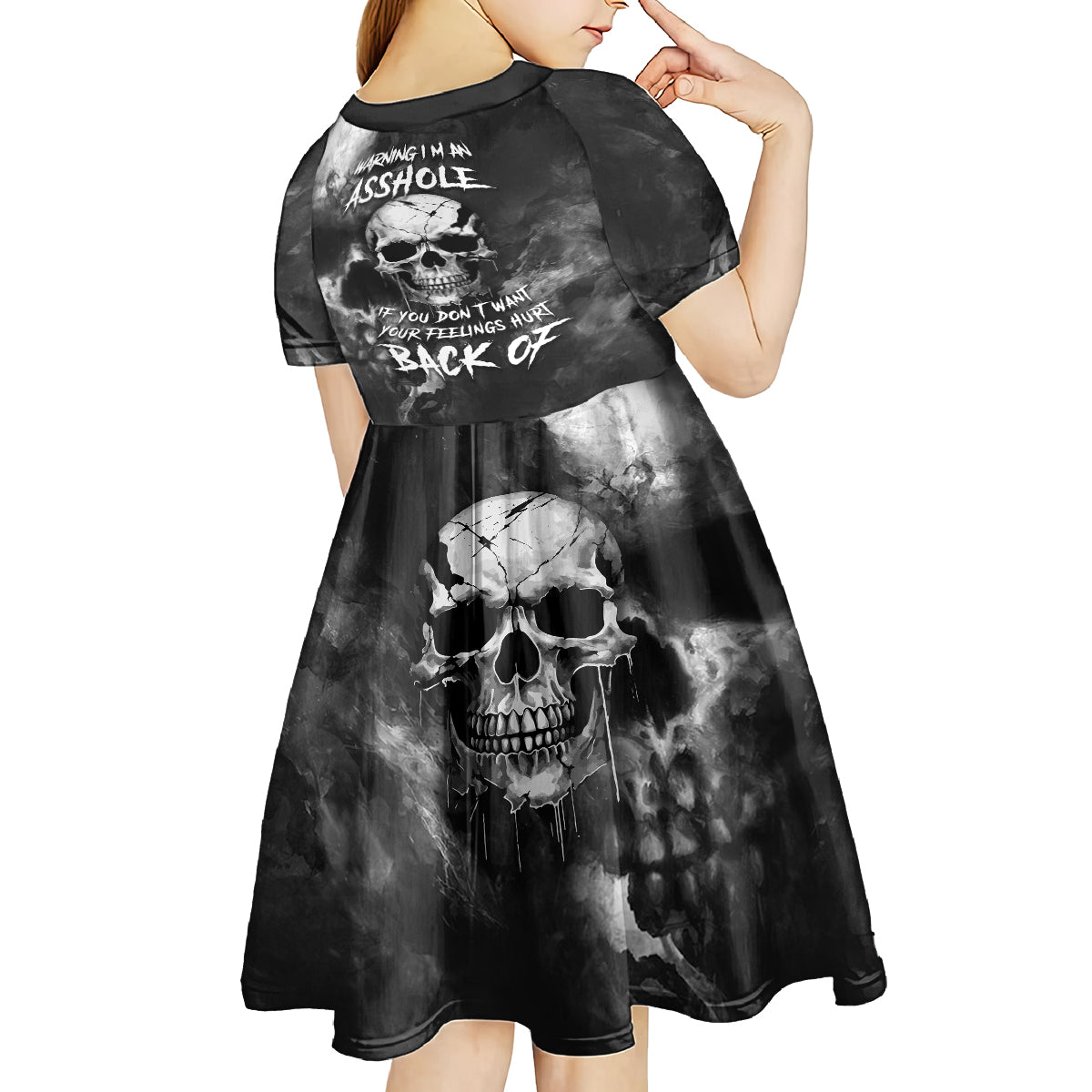 Skull Grunge Pattern Kid Short Sleeve Dress Warning I'm an Asshole - Wonder Print Shop