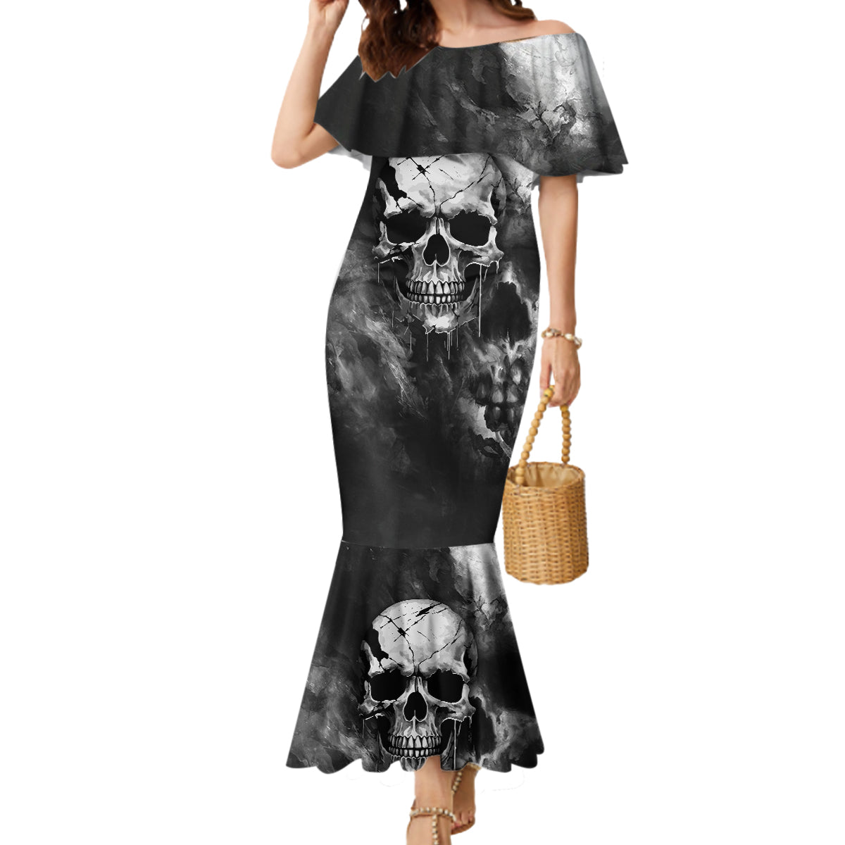 Skull Grunge Pattern Mermaid Dress Warning I'm an Asshole - Wonder Print Shop