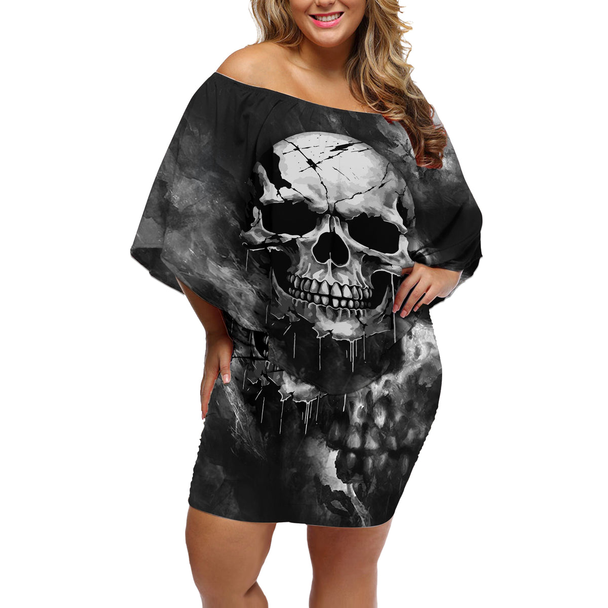 Skull Grunge Pattern Off Shoulder Short Dress Warning I'm an Asshole - Wonder Print Shop