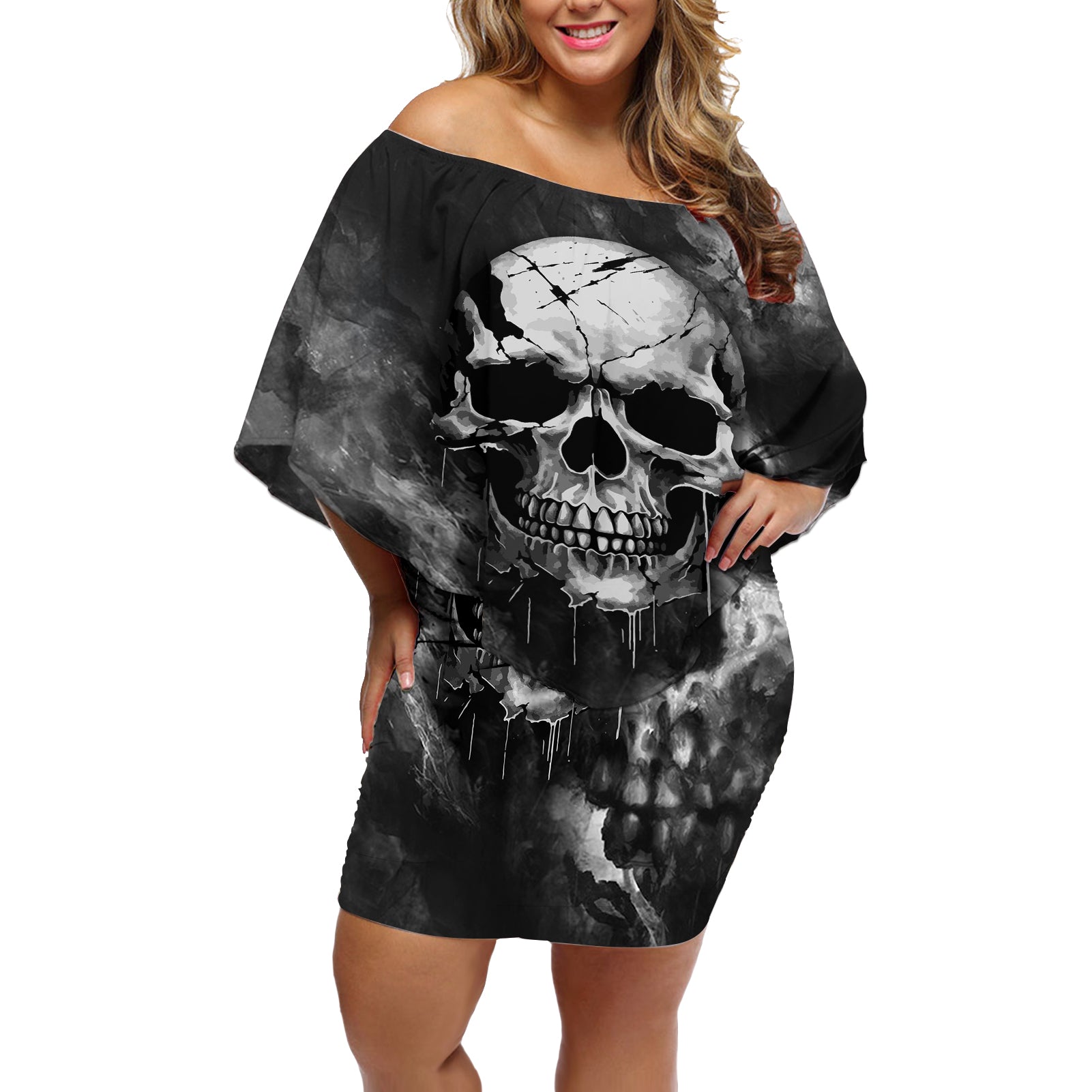 Skull Grunge Pattern Off Shoulder Short Dress Warning I'm an Asshole - Wonder Print Shop