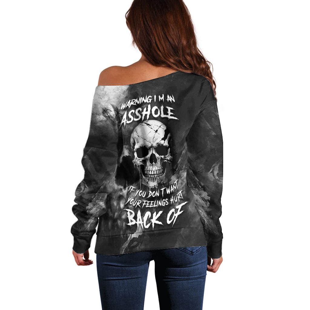 Skull Grunge Pattern Off Shoulder Sweater Warning I'm an Asshole - Wonder Print Shop