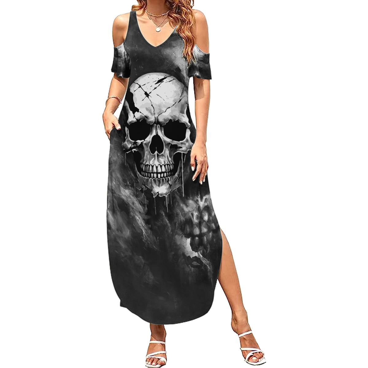 Skull Grunge Pattern Summer Maxi Dress Warning I'm an Asshole - Wonder Print Shop