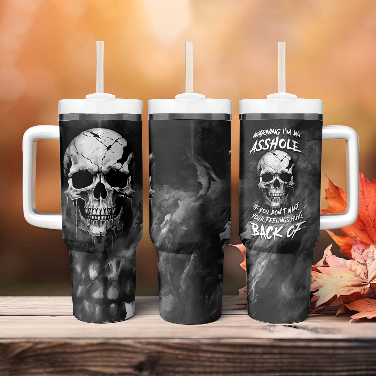 Skull Grunge Pattern Tumbler With Handle Warning I'm an Asshole - Wonder Print Shop