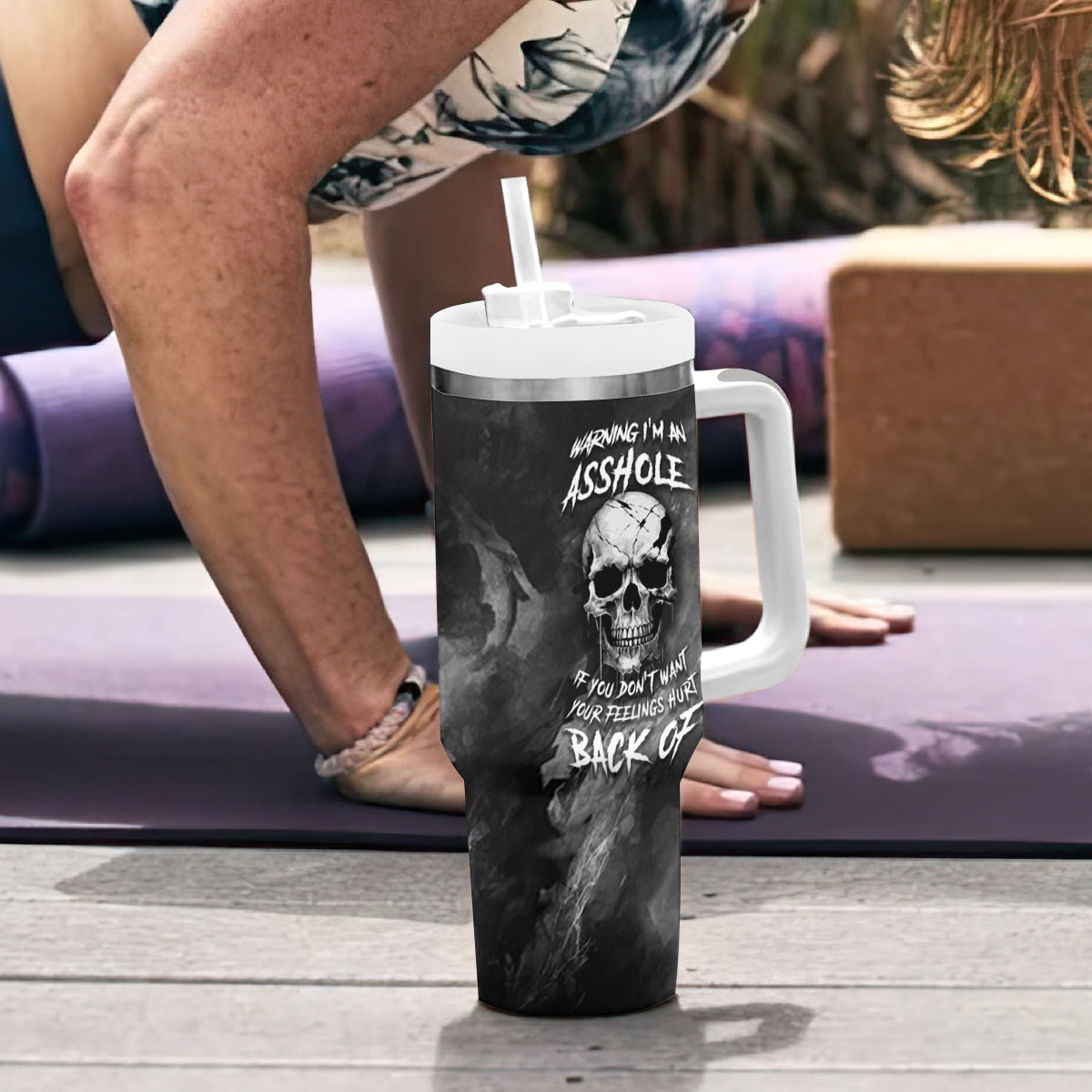 Skull Grunge Pattern Tumbler With Handle Warning I'm an Asshole - Wonder Print Shop