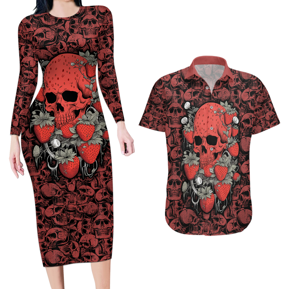 Skull pattern Couples Matching Long Sleeve Bodycon Dress and Hawaiian Shirt I Love You Berry Much - Wonder Print Shop