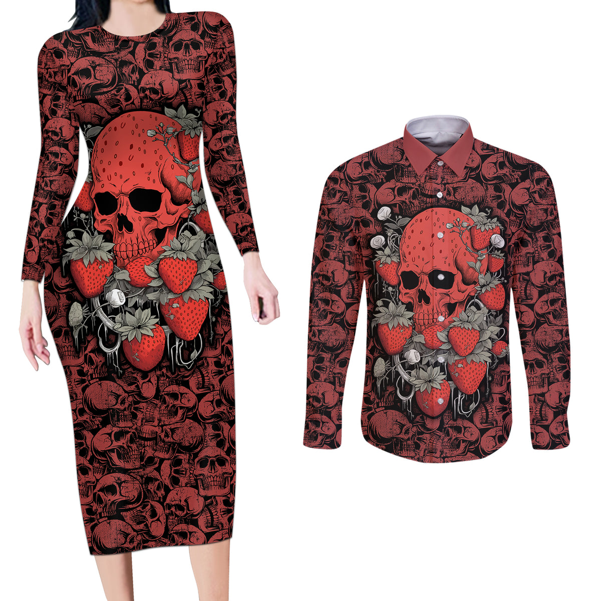Skull pattern Couples Matching Long Sleeve Bodycon Dress and Long Sleeve Button Shirts I Love You Berry Much - Wonder Print Shop