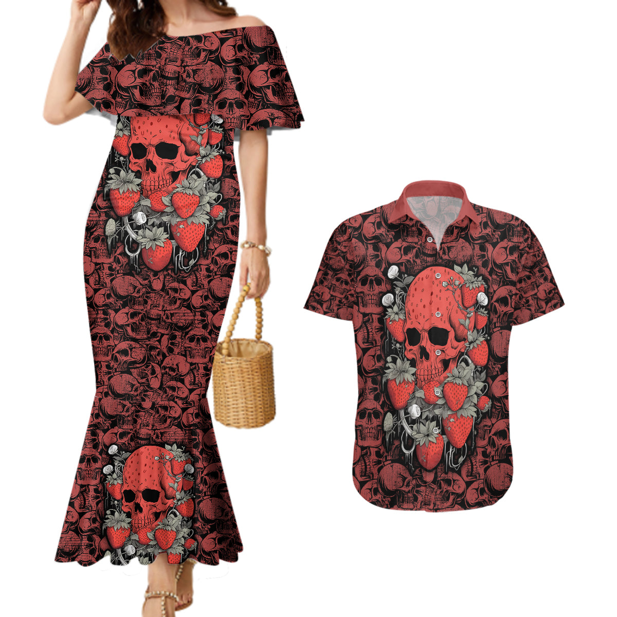 Skull pattern Couples Matching Mermaid Dress and Hawaiian Shirt I Love You Berry Much - Wonder Print Shop