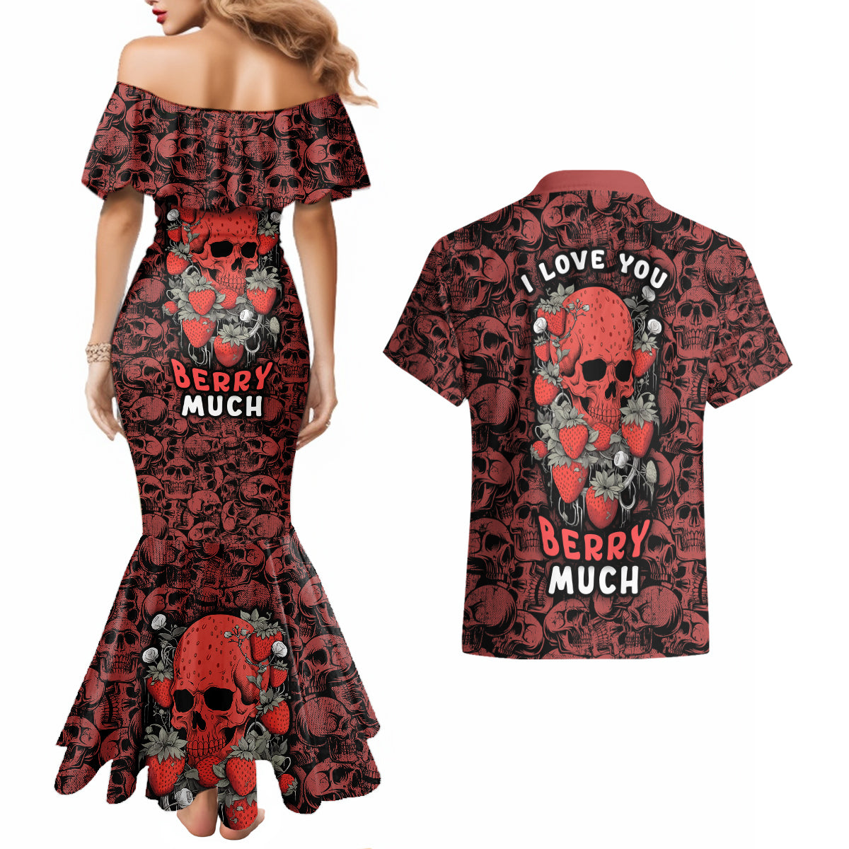 Skull pattern Couples Matching Mermaid Dress and Hawaiian Shirt I Love You Berry Much - Wonder Print Shop