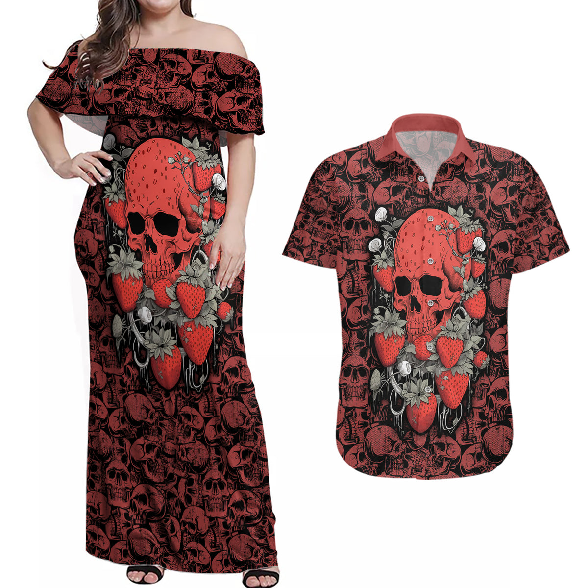 Skull pattern Couples Matching Off Shoulder Maxi Dress and Hawaiian Shirt I Love You Berry Much - Wonder Print Shop