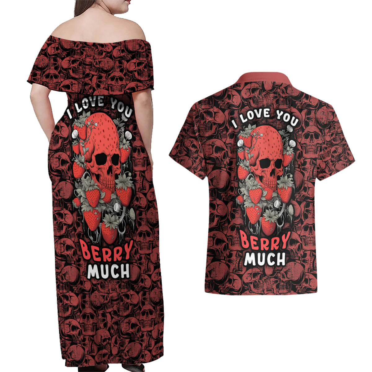 Skull pattern Couples Matching Off Shoulder Maxi Dress and Hawaiian Shirt I Love You Berry Much - Wonder Print Shop
