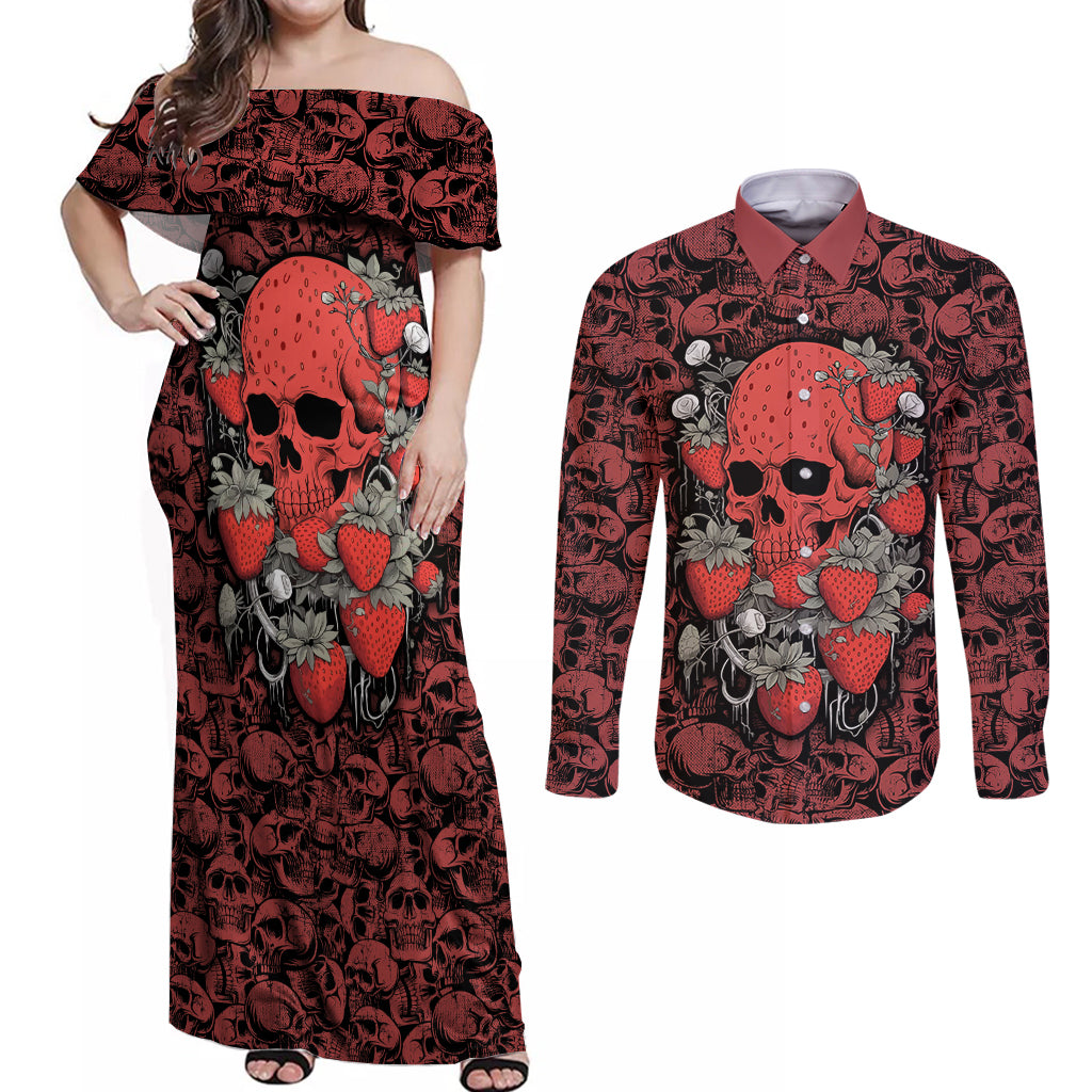Skull pattern Couples Matching Off Shoulder Maxi Dress and Long Sleeve Button Shirts I Love You Berry Much - Wonder Print Shop