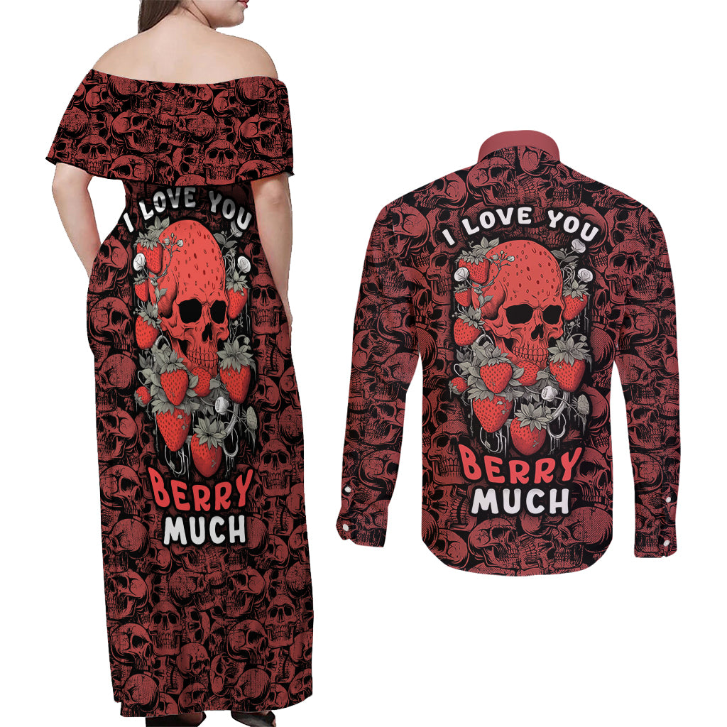 Skull pattern Couples Matching Off Shoulder Maxi Dress and Long Sleeve Button Shirts I Love You Berry Much - Wonder Print Shop