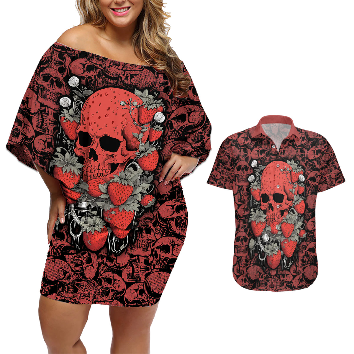 Skull pattern Couples Matching Off Shoulder Short Dress and Hawaiian Shirt I Love You Berry Much - Wonder Print Shop