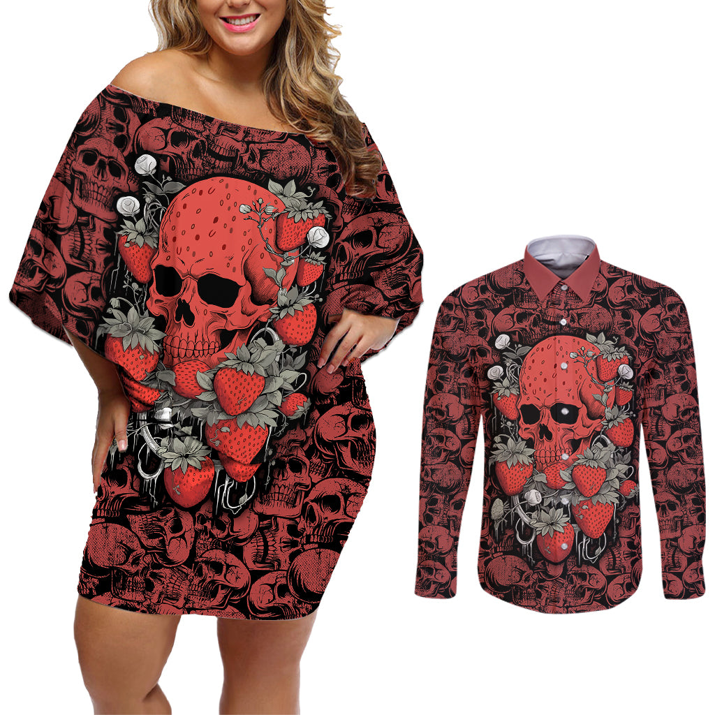 Skull pattern Couples Matching Off Shoulder Short Dress and Long Sleeve Button Shirts I Love You Berry Much - Wonder Print Shop