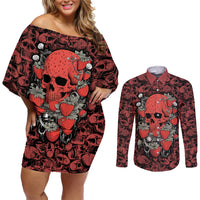 Skull pattern Couples Matching Off Shoulder Short Dress and Long Sleeve Button Shirts I Love You Berry Much - Wonder Print Shop