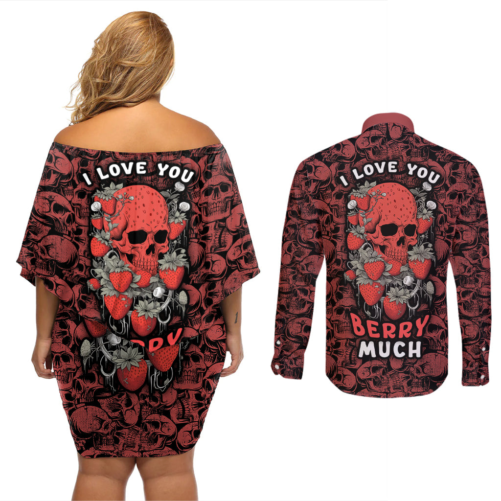Skull pattern Couples Matching Off Shoulder Short Dress and Long Sleeve Button Shirts I Love You Berry Much - Wonder Print Shop