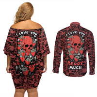 Skull pattern Couples Matching Off Shoulder Short Dress and Long Sleeve Button Shirts I Love You Berry Much - Wonder Print Shop