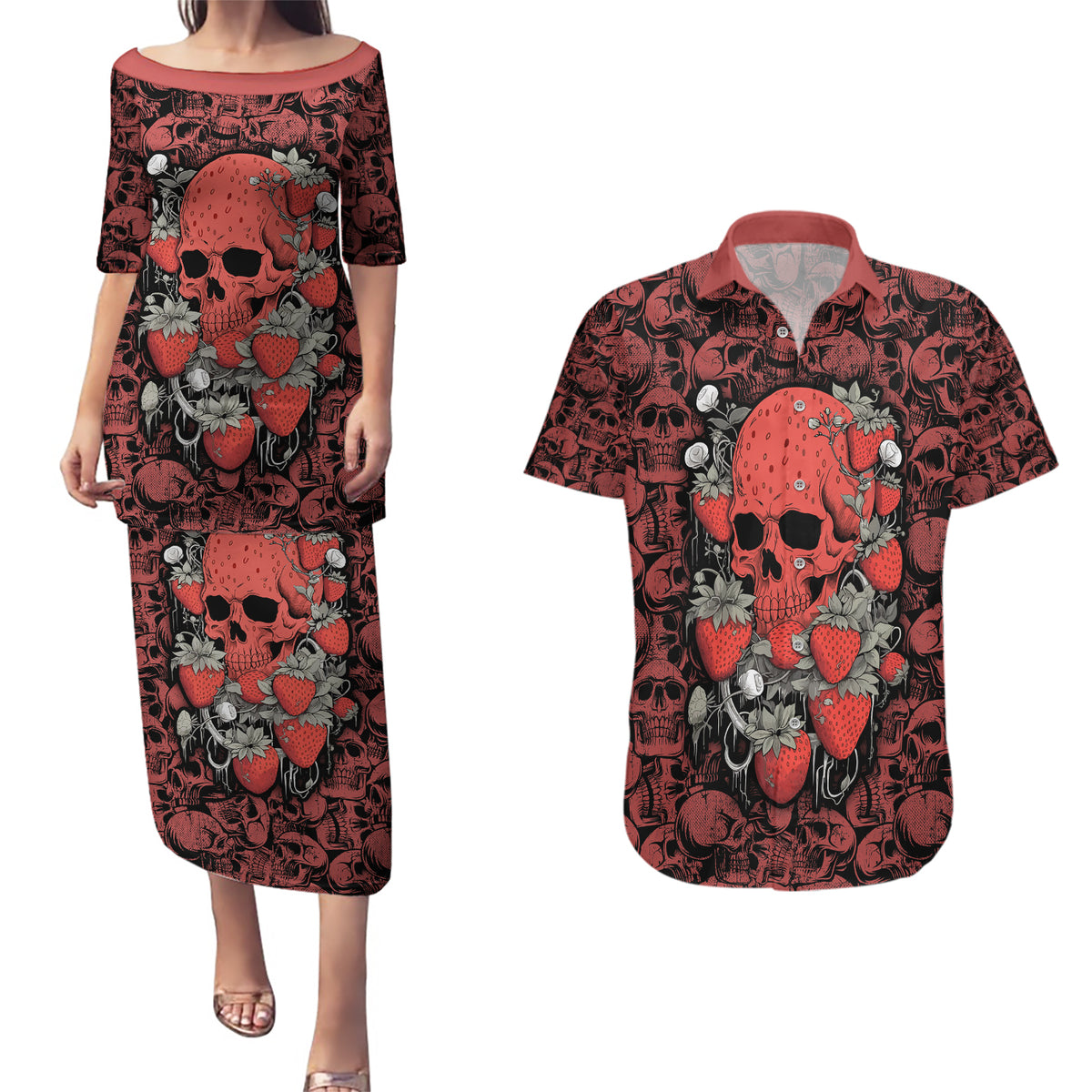 Skull pattern Couples Matching Puletasi Dress and Hawaiian Shirt I Love You Berry Much - Wonder Print Shop