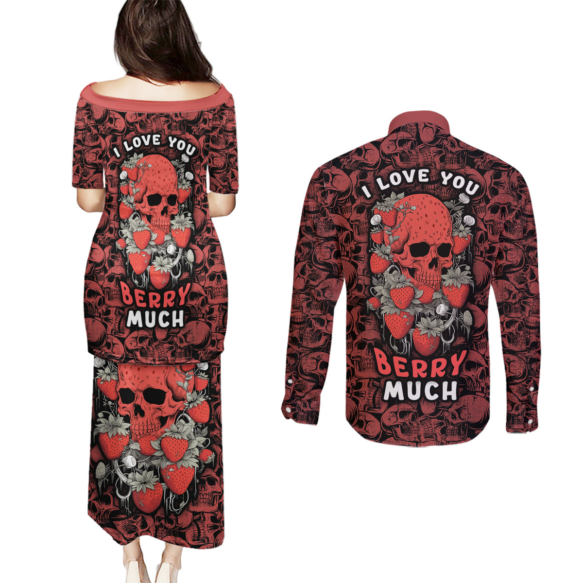 Skull pattern Couples Matching Puletasi Dress and Long Sleeve Button Shirts I Love You Berry Much - Wonder Print Shop