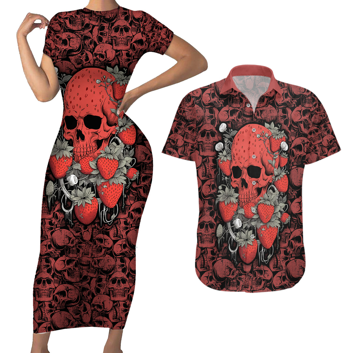 Skull pattern Couples Matching Short Sleeve Bodycon Dress and Hawaiian Shirt I Love You Berry Much - Wonder Print Shop