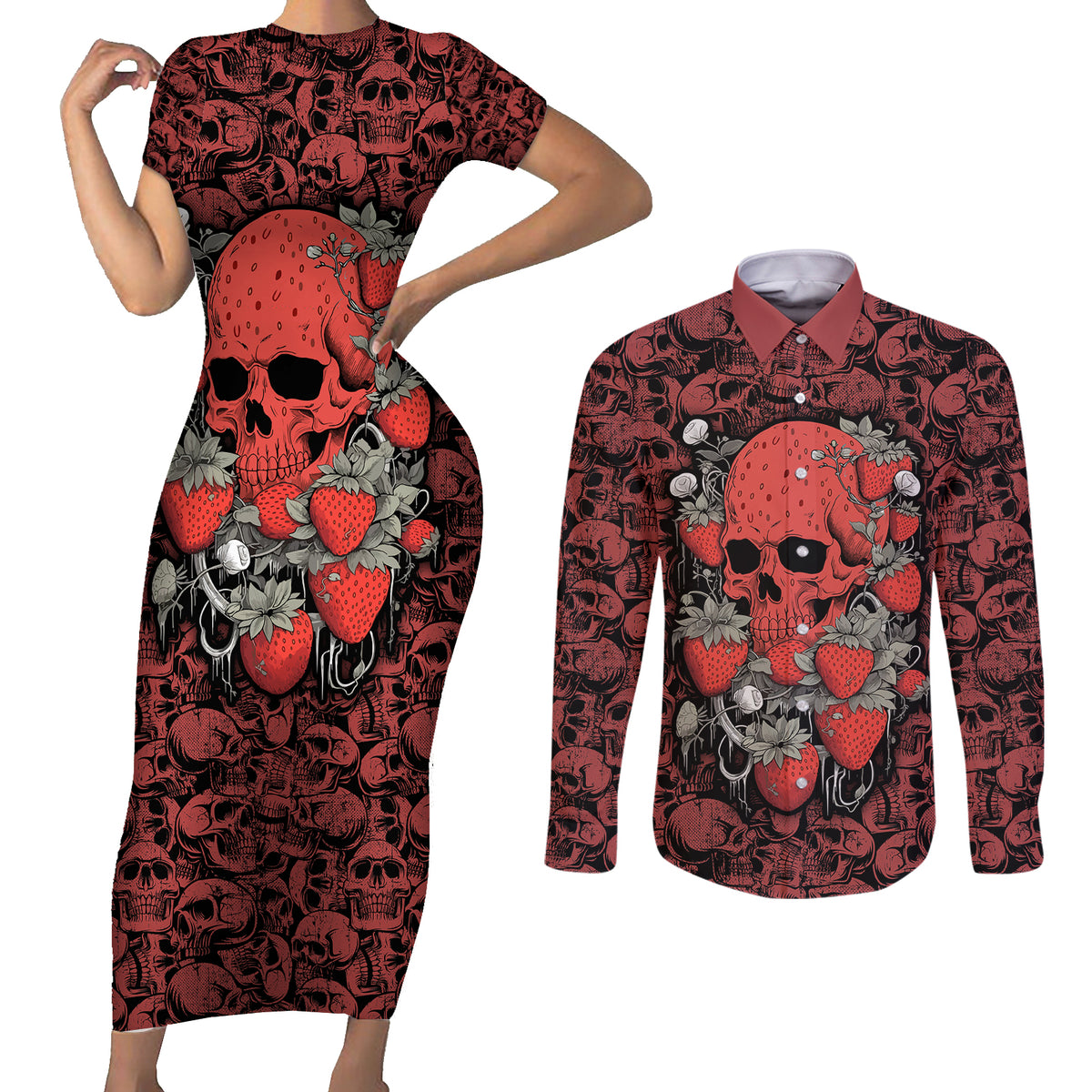Skull pattern Couples Matching Short Sleeve Bodycon Dress and Long Sleeve Button Shirts I Love You Berry Much - Wonder Print Shop