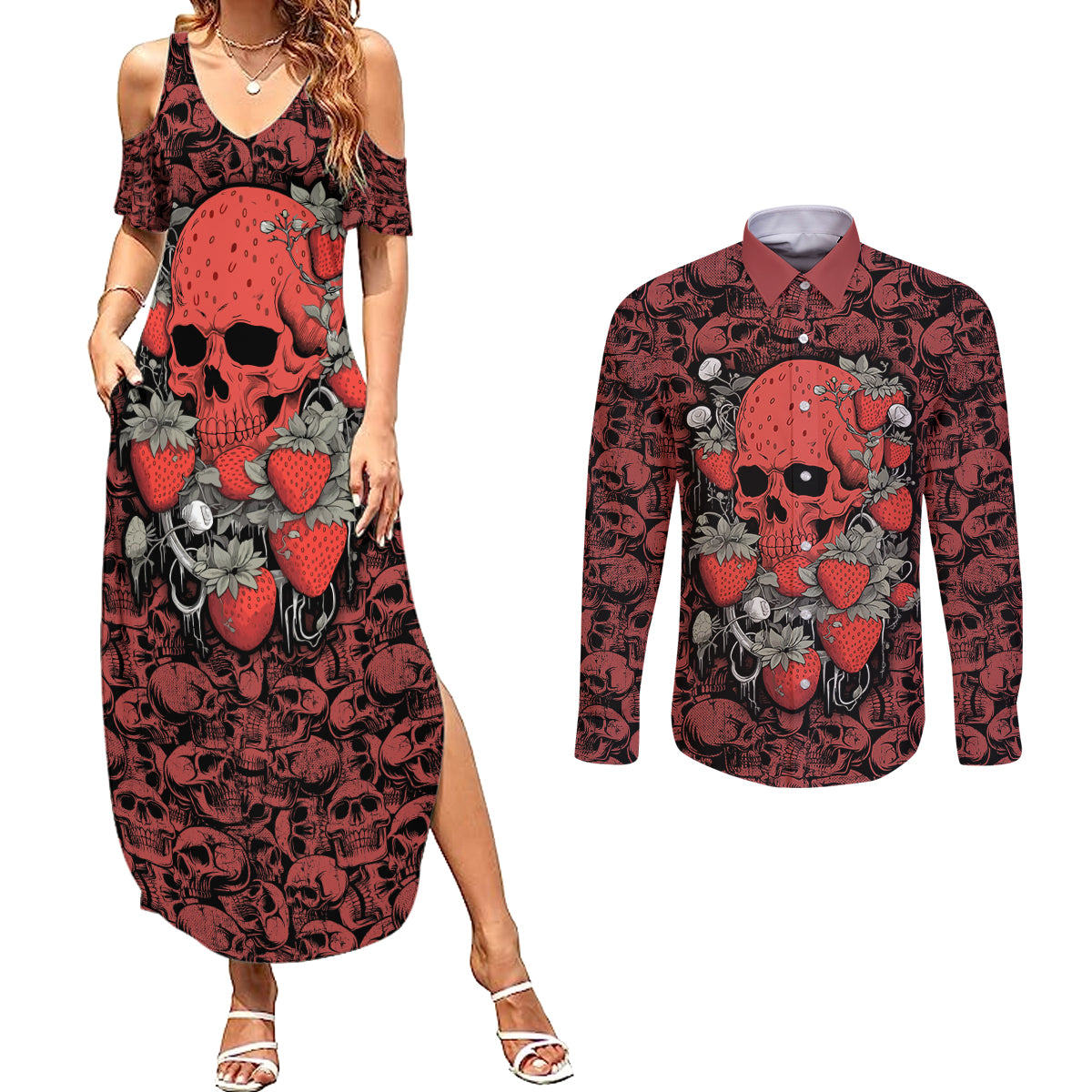 Skull pattern Couples Matching Summer Maxi Dress and Long Sleeve Button Shirts I Love You Berry Much - Wonder Print Shop