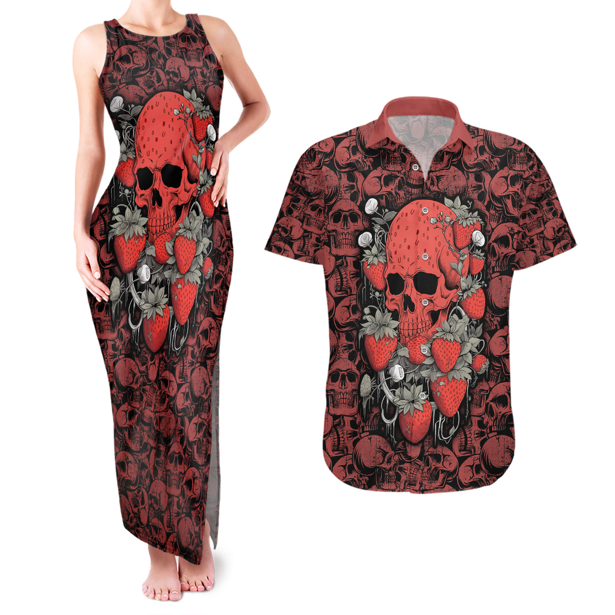 Skull pattern Couples Matching Tank Maxi Dress and Hawaiian Shirt I Love You Berry Much - Wonder Print Shop