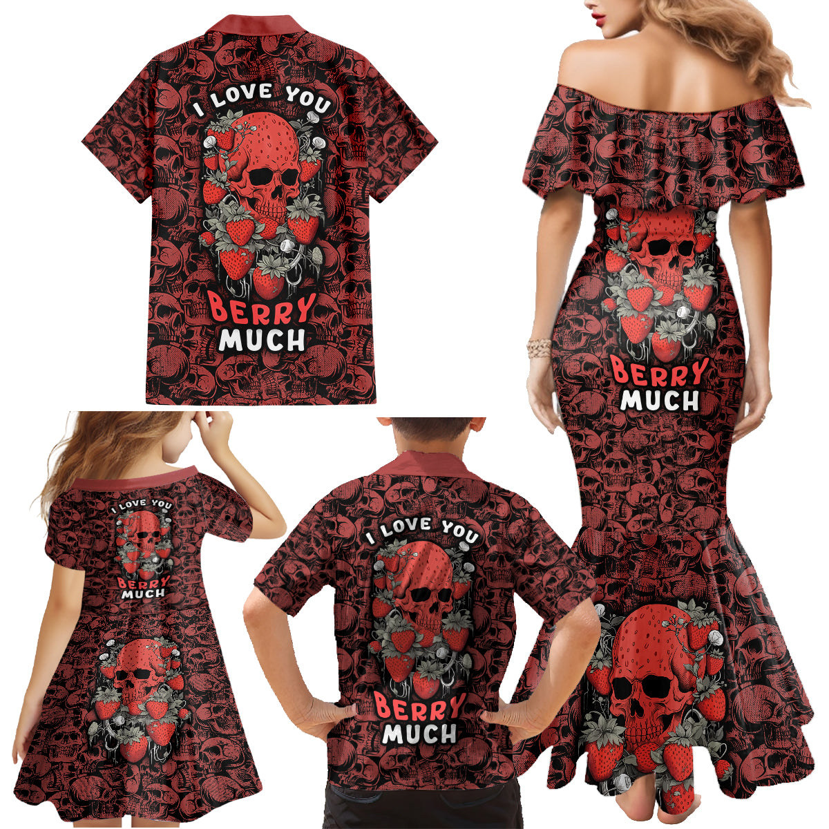 Skull pattern Family Matching Mermaid Dress and Hawaiian Shirt I Love You Berry Much - Wonder Print Shop