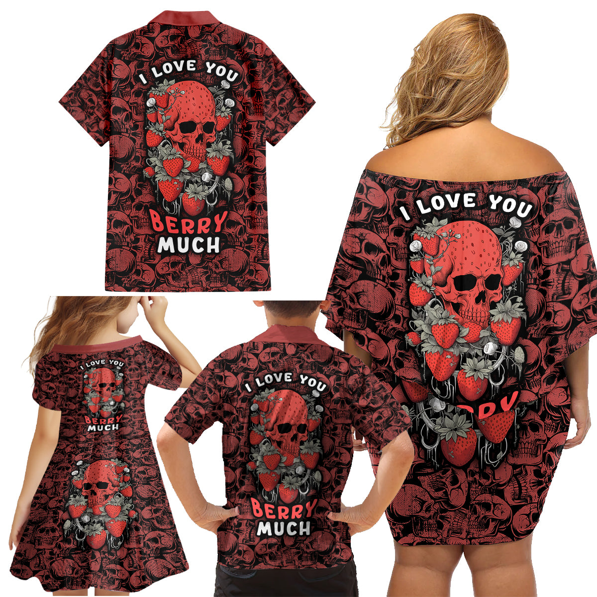 Skull pattern Family Matching Off Shoulder Short Dress and Hawaiian Shirt I Love You Berry Much - Wonder Print Shop