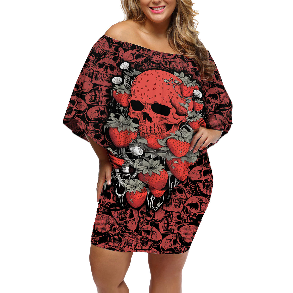 Skull pattern Off Shoulder Short Dress I Love You Berry Much - Wonder Print Shop