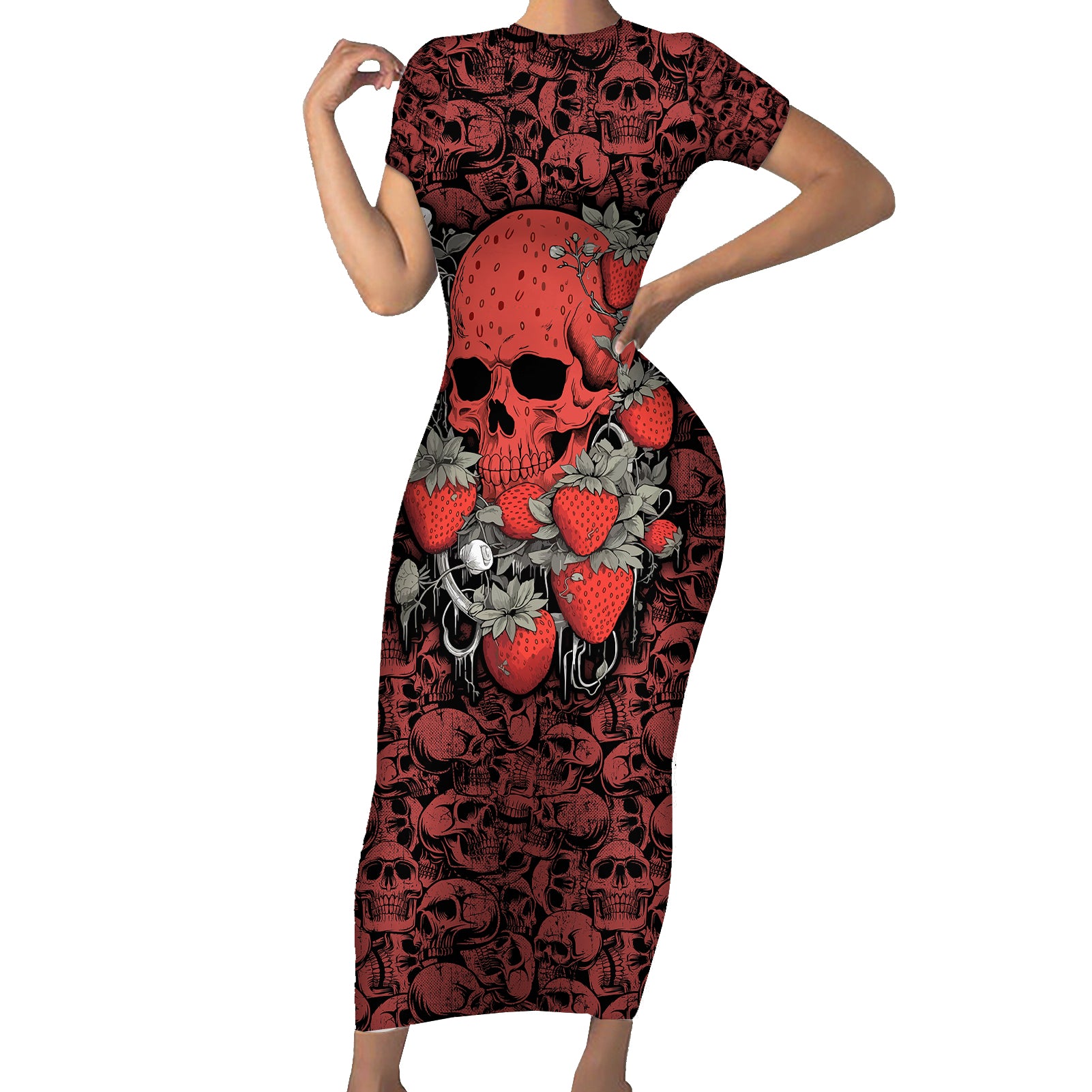 Skull pattern Short Sleeve Bodycon Dress I Love You Berry Much - Wonder Print Shop