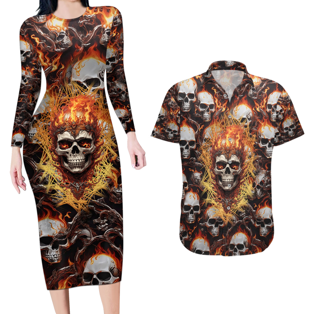 Flaming Skull Couples Matching Long Sleeve Bodycon Dress and Hawaiian Shirt Judge Me When You're Perfect Otherwise Shut Up - Wonder Print Shop