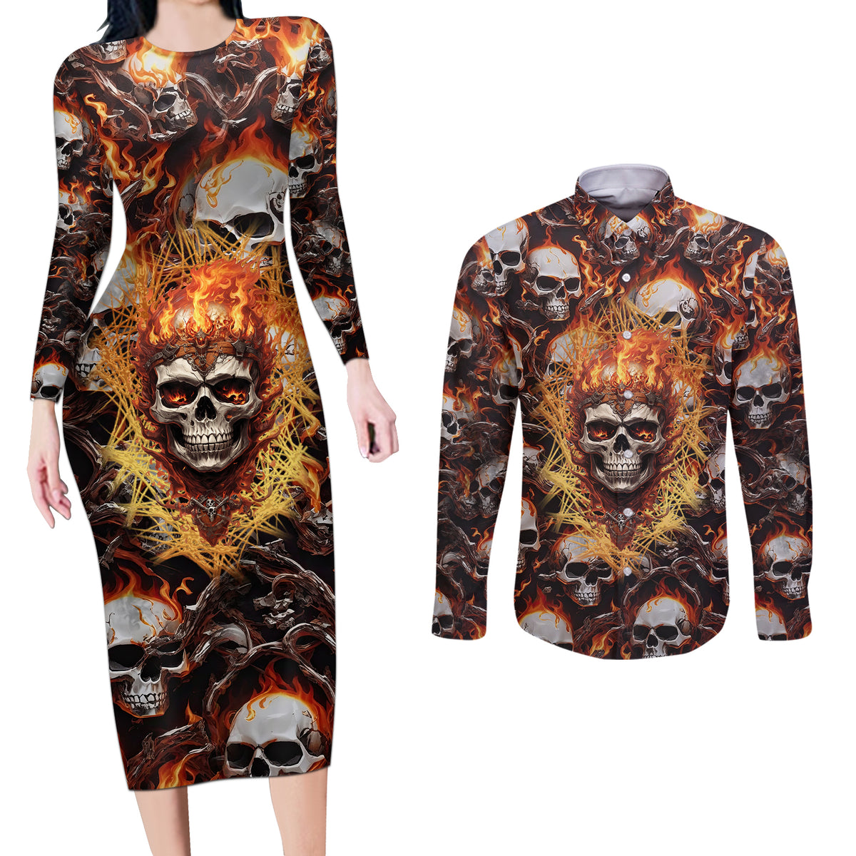 Flaming Skull Couples Matching Long Sleeve Bodycon Dress and Long Sleeve Button Shirts Judge Me When You're Perfect Otherwise Shut Up - Wonder Print Shop