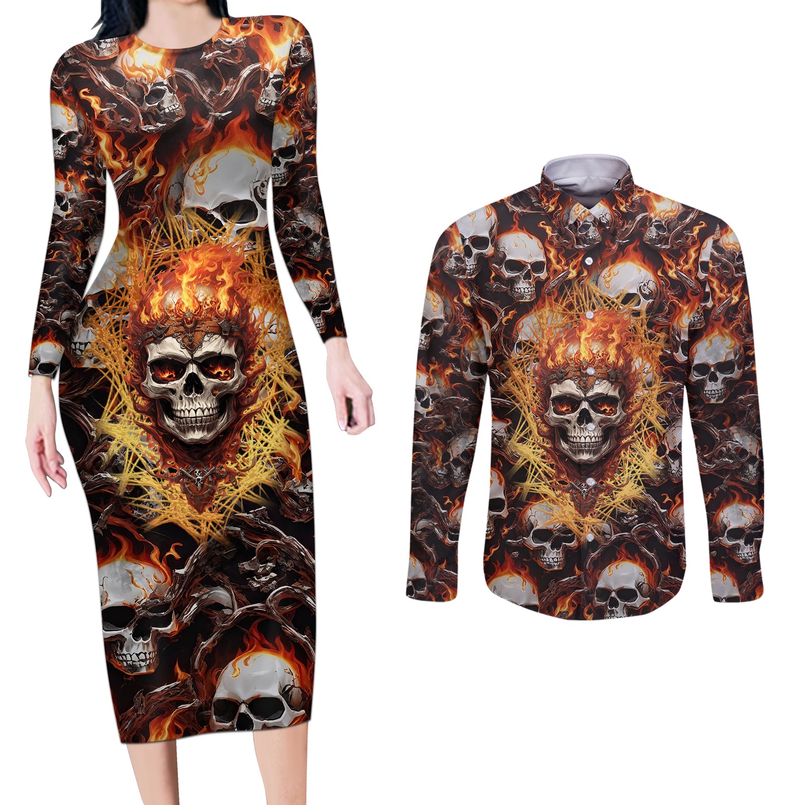 Flaming Skull Couples Matching Long Sleeve Bodycon Dress and Long Sleeve Button Shirts Judge Me When You're Perfect Otherwise Shut Up - Wonder Print Shop