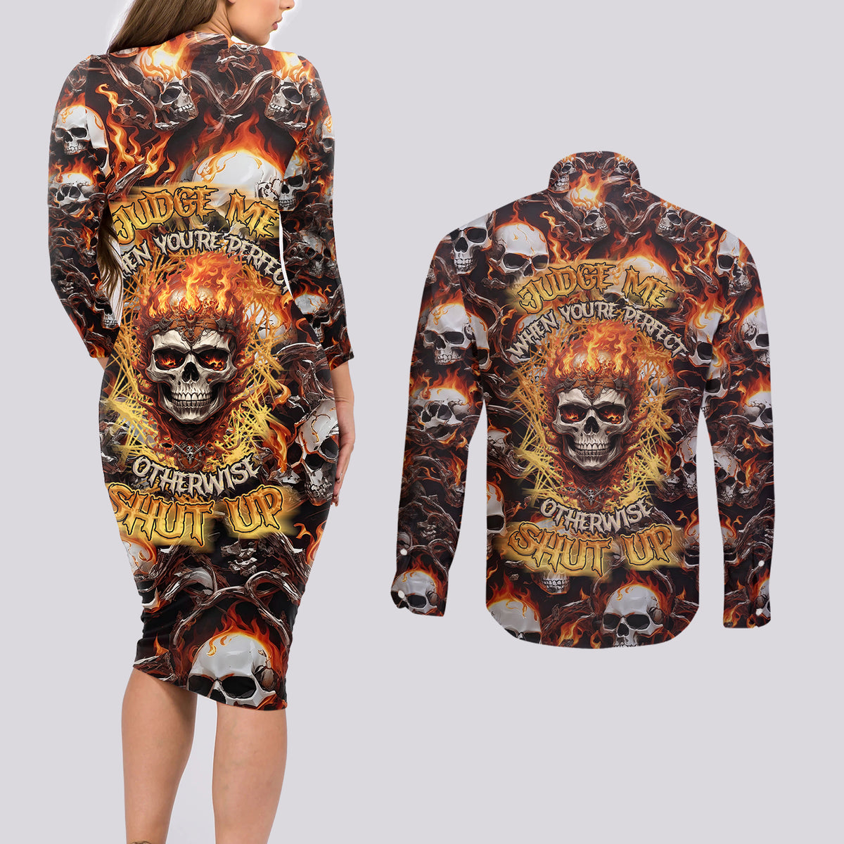 Flaming Skull Couples Matching Long Sleeve Bodycon Dress and Long Sleeve Button Shirts Judge Me When You're Perfect Otherwise Shut Up - Wonder Print Shop