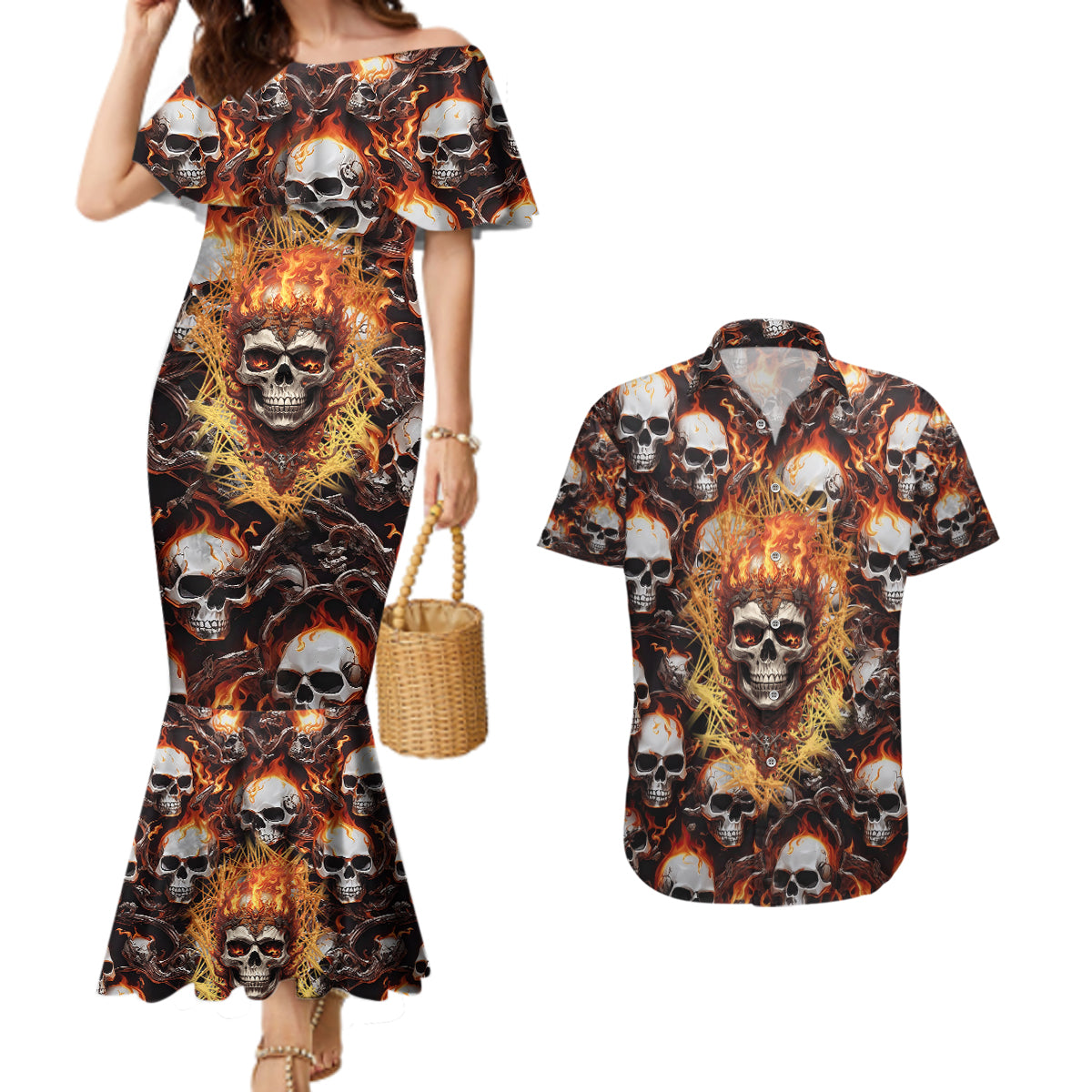 Flaming Skull Couples Matching Mermaid Dress and Hawaiian Shirt Judge Me When You're Perfect Otherwise Shut Up - Wonder Print Shop