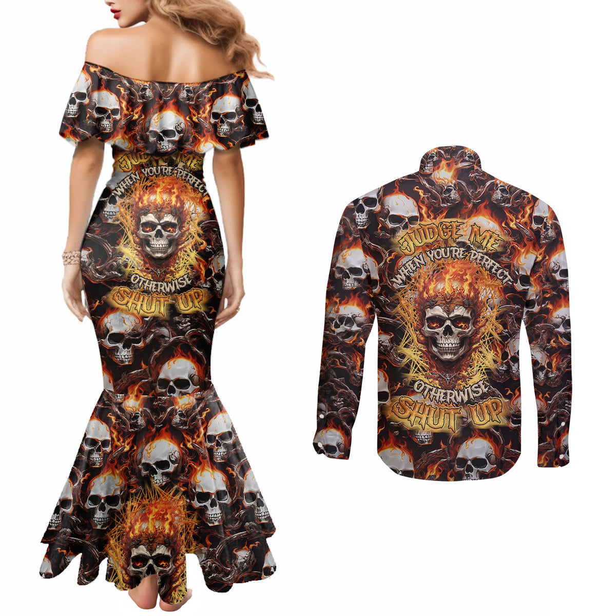 flaming-skull-couples-matching-mermaid-dress-and-long-sleeve-button-shirts-judge-me-when-youre-perfect-otherwise-shut-up