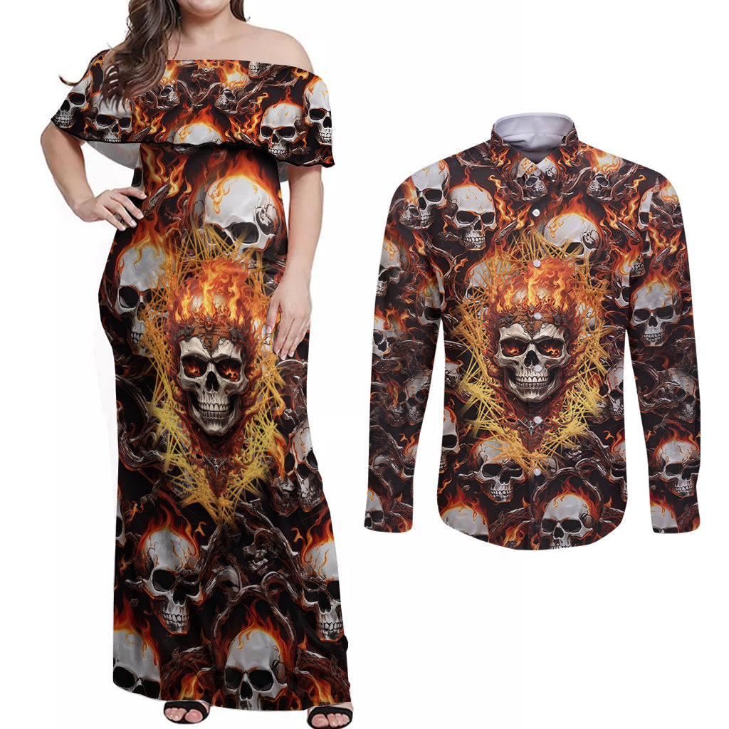 Flaming Skull Couples Matching Off Shoulder Maxi Dress and Long Sleeve Button Shirts Judge Me When You're Perfect Otherwise Shut Up - Wonder Print Shop