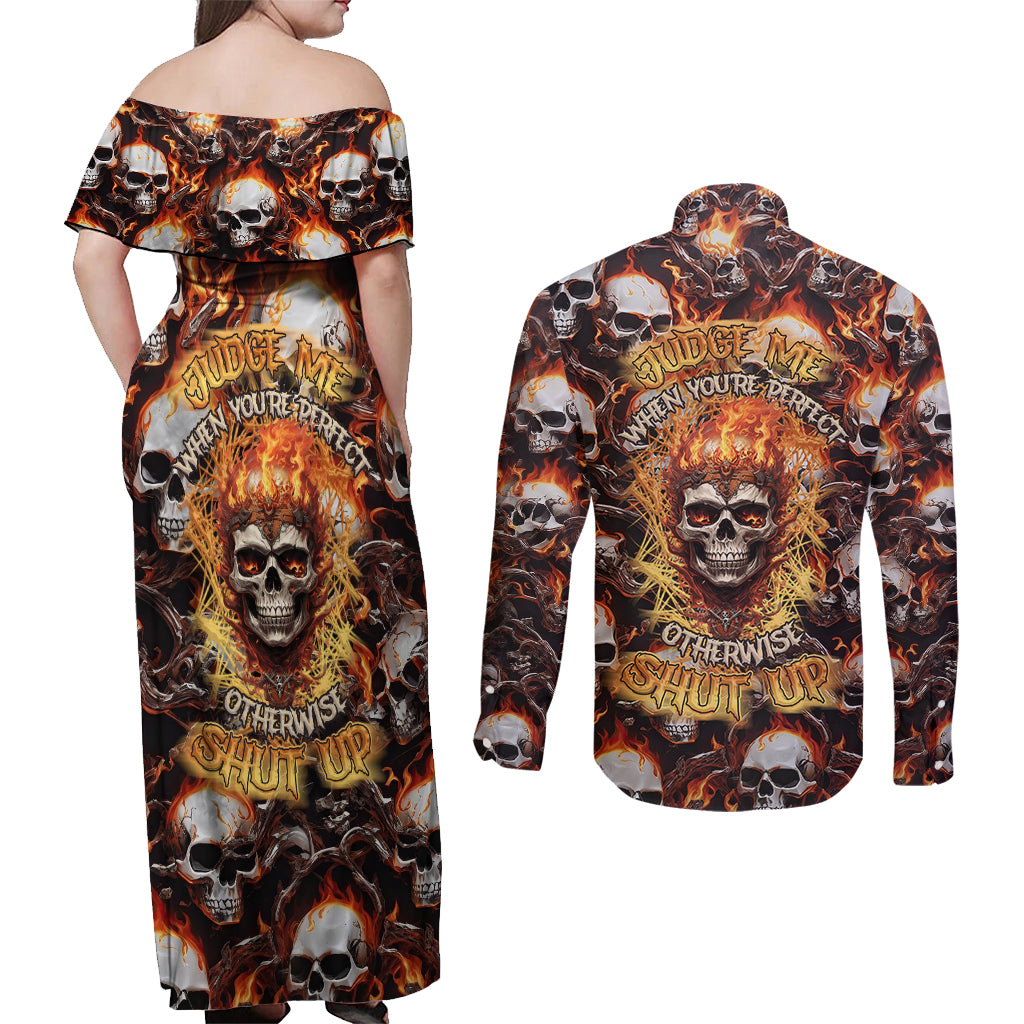Flaming Skull Couples Matching Off Shoulder Maxi Dress and Long Sleeve Button Shirts Judge Me When You're Perfect Otherwise Shut Up - Wonder Print Shop