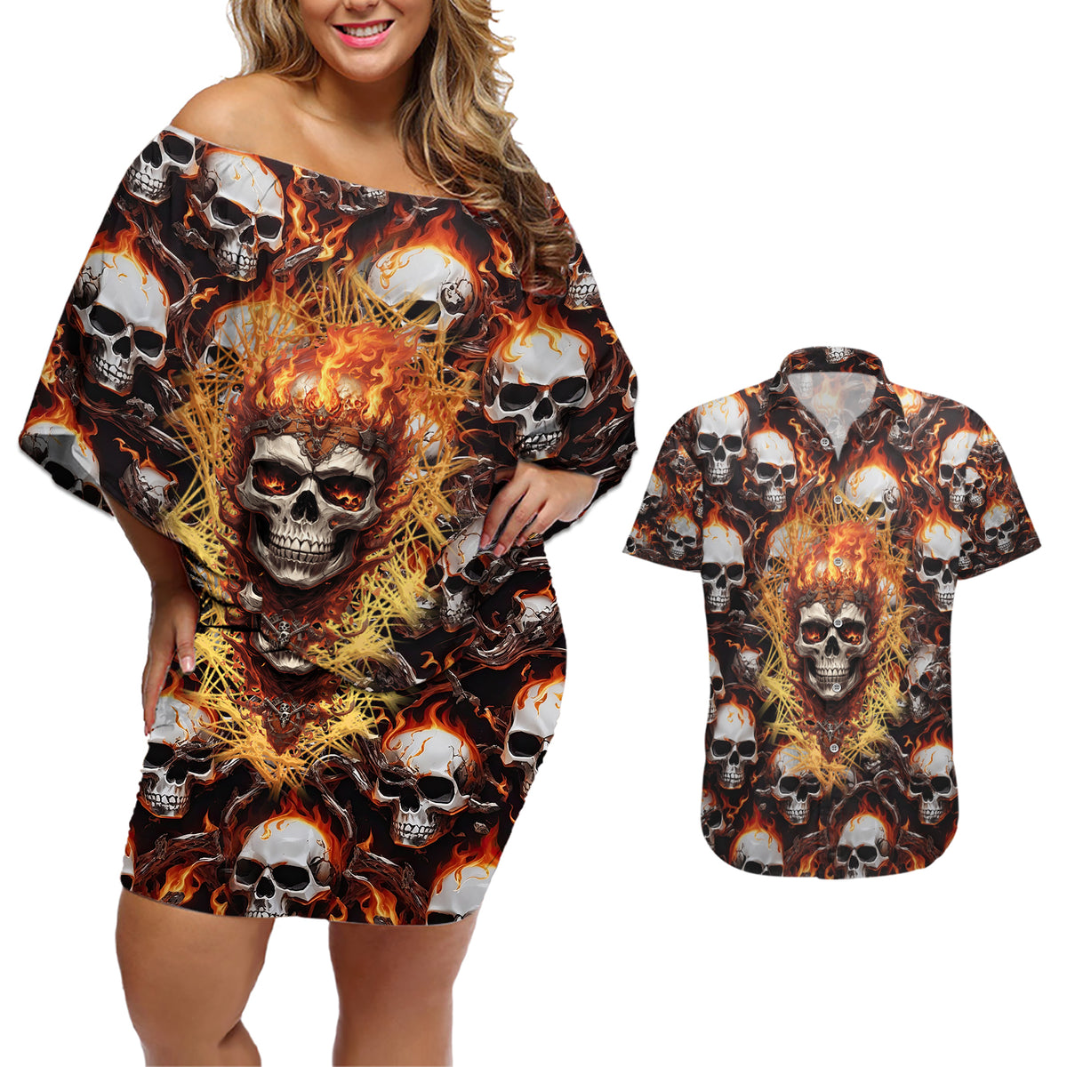 Flaming Skull Couples Matching Off Shoulder Short Dress and Hawaiian Shirt Judge Me When You're Perfect Otherwise Shut Up - Wonder Print Shop