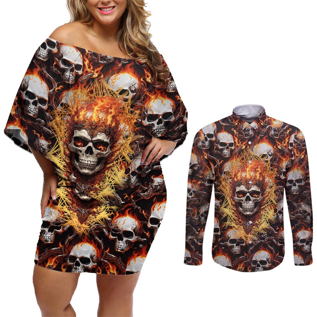 Flaming Skull Couples Matching Off Shoulder Short Dress and Long Sleeve Button Shirts Judge Me When You're Perfect Otherwise Shut Up - Wonder Print Shop