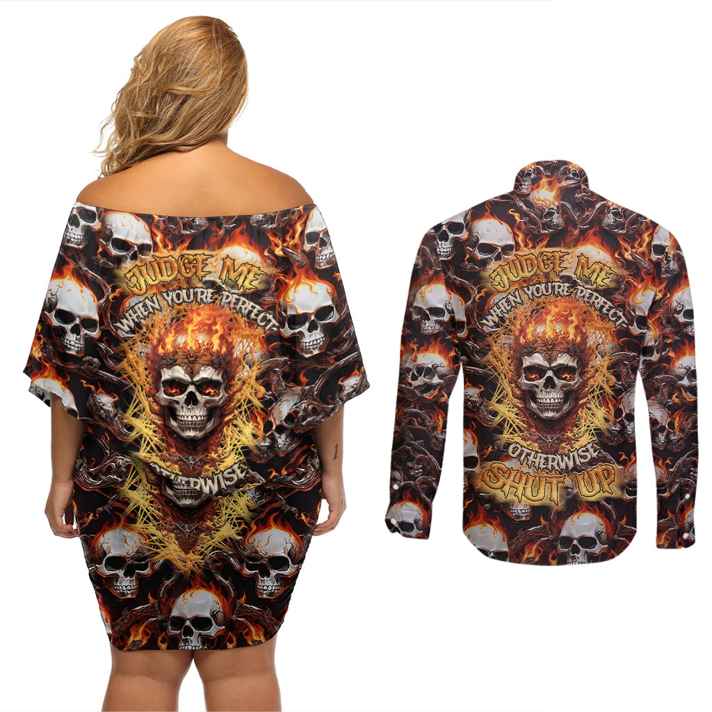 Flaming Skull Couples Matching Off Shoulder Short Dress and Long Sleeve Button Shirts Judge Me When You're Perfect Otherwise Shut Up - Wonder Print Shop