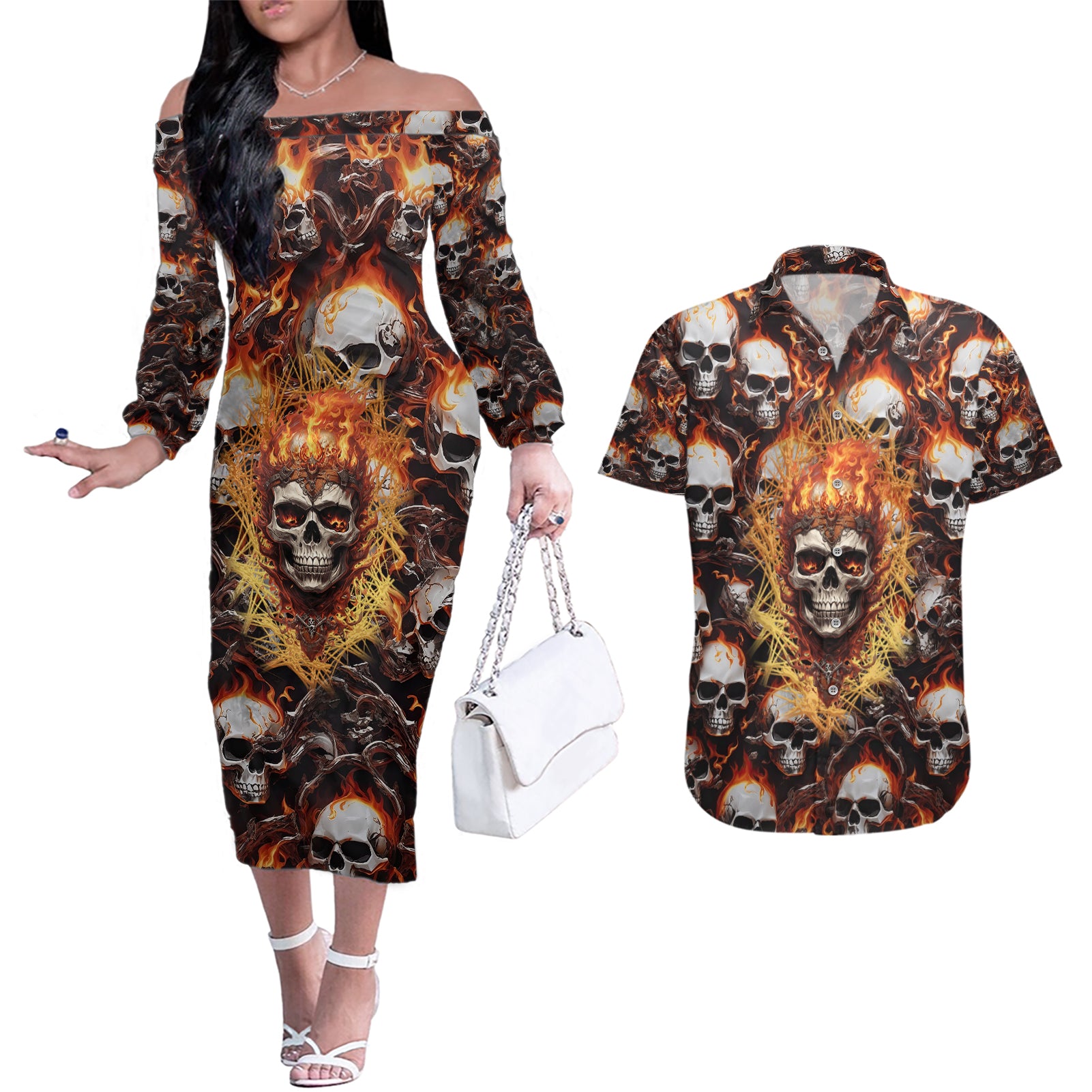 Flaming Skull Couples Matching Off The Shoulder Long Sleeve Dress and Hawaiian Shirt Judge Me When You're Perfect Otherwise Shut Up - Wonder Print Shop