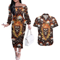 Flaming Skull Couples Matching Off The Shoulder Long Sleeve Dress and Hawaiian Shirt Judge Me When You're Perfect Otherwise Shut Up - Wonder Print Shop