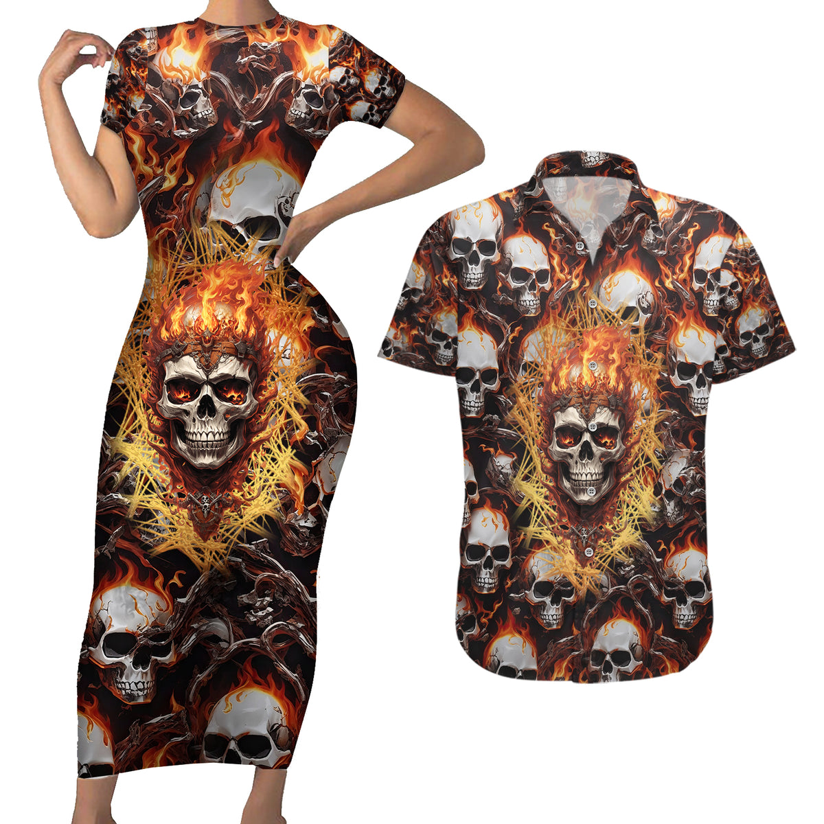 Flaming Skull Couples Matching Short Sleeve Bodycon Dress and Hawaiian Shirt Judge Me When You're Perfect Otherwise Shut Up - Wonder Print Shop